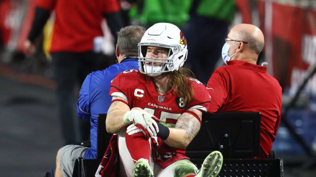 An injured Arizona Cardinals linebacker Dennis Gardeck (45) is carted off the field against the Philadelphia Eagles at State Farm Stadium.